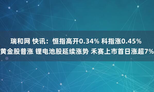瑞和网 快讯：恒指高开0.34% 科指涨0.45% 黄金股普涨 锂电池股延续涨势 禾赛上市首日涨超7%